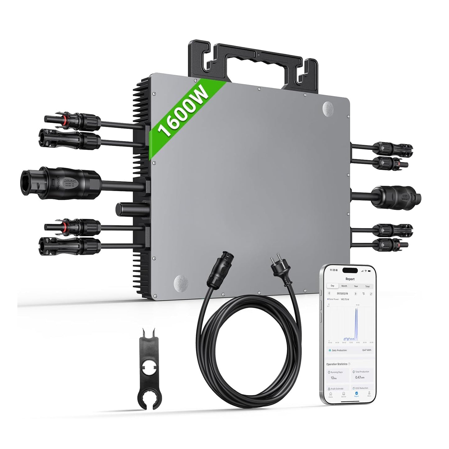 Microinversor de 1600 W, estación de energía para balcón con WiFi, Plug & Play, control por app, cable de CA de 5 m, inversor FV