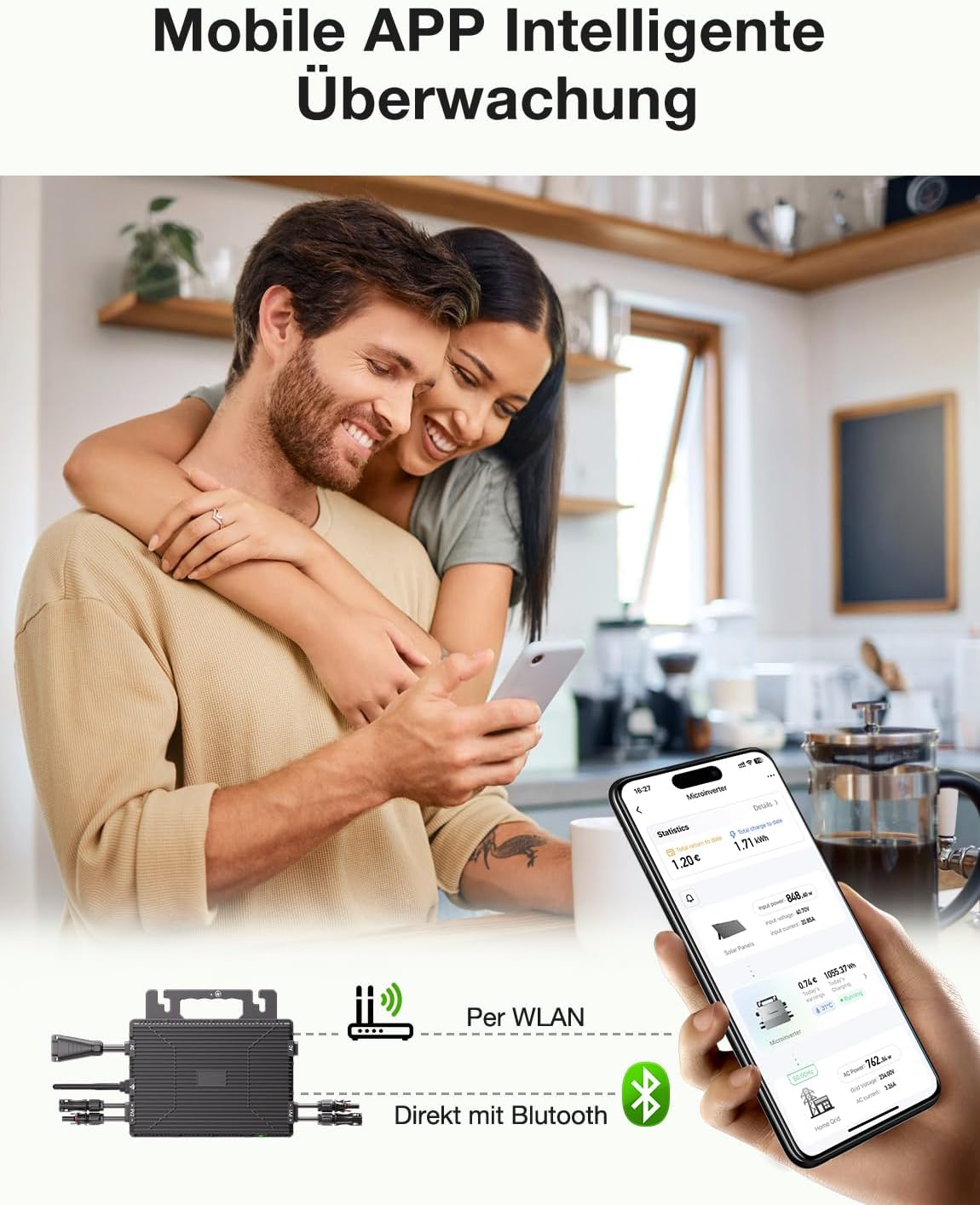 Microinversor de 800 W, estación de energía para balcón con WiFi, Plug & Play, control por app, cable de CA de 5 m, inversor fotovoltaico