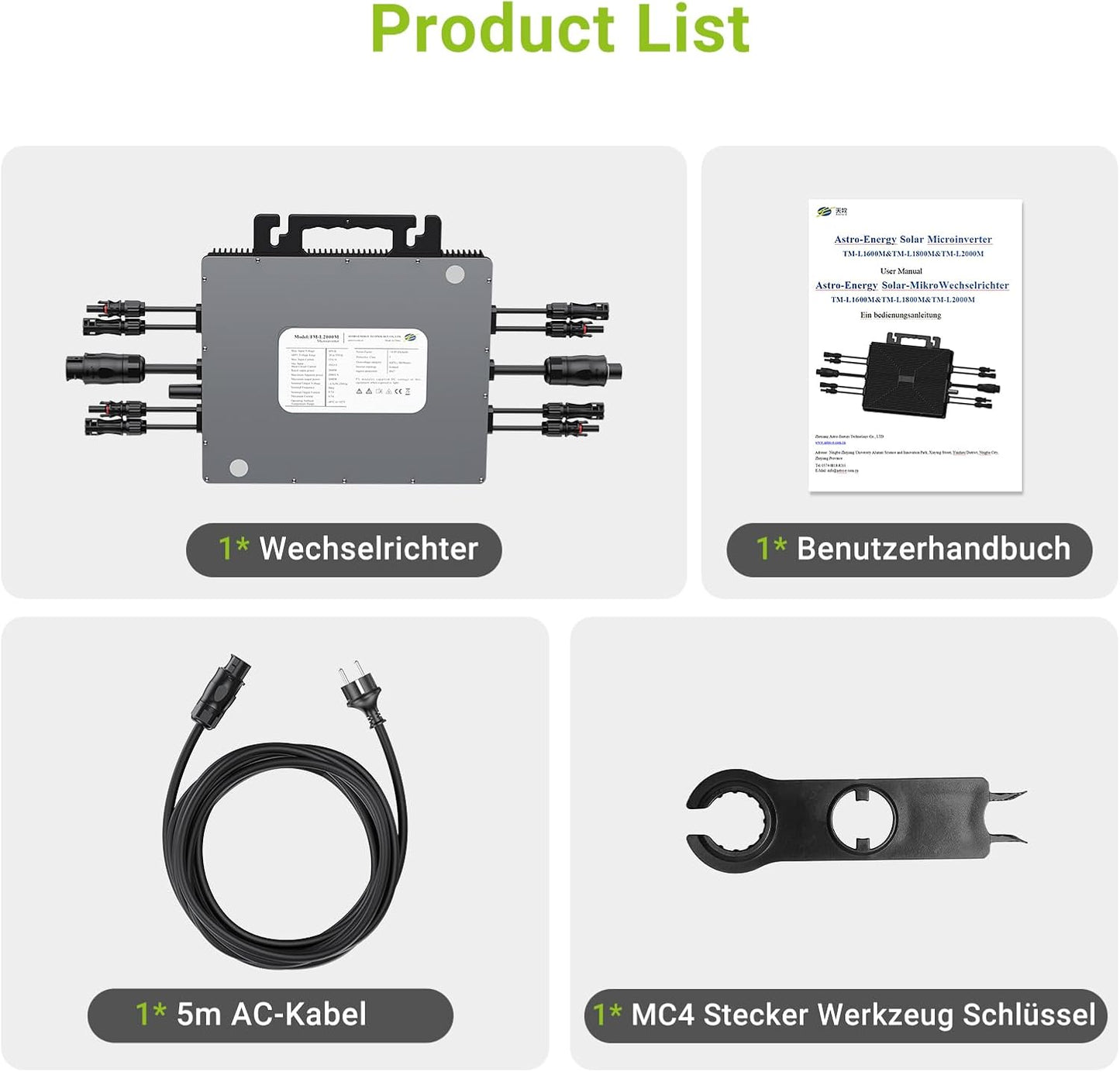 Microinversor de 2000 W, estación de energía para balcón con WiFi, Plug & Play, control por app, cable AC de 5 m, inversor FV