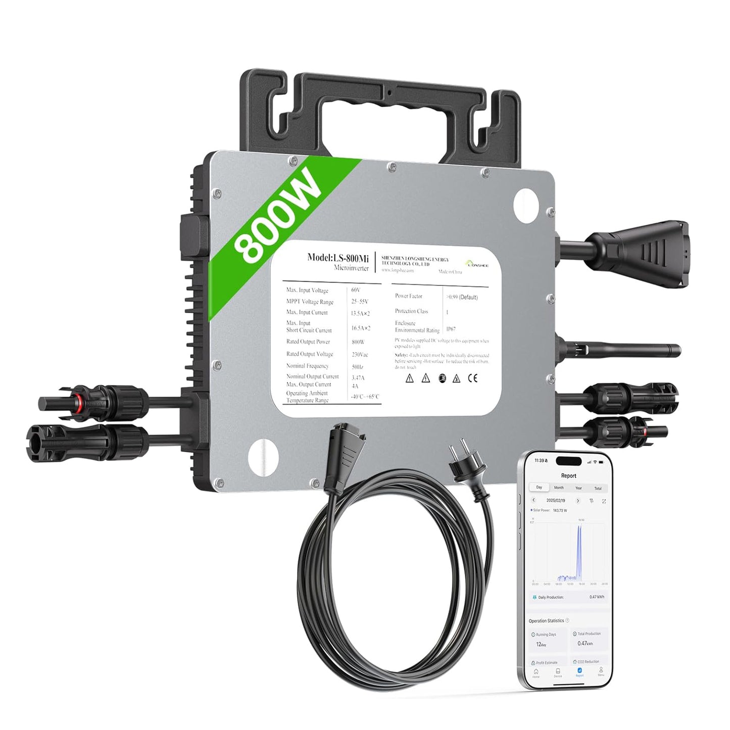 Microinversor de 800 W, estación de energía para balcón con WiFi, Plug & Play, control por app, cable de CA de 5 m, inversor fotovoltaico