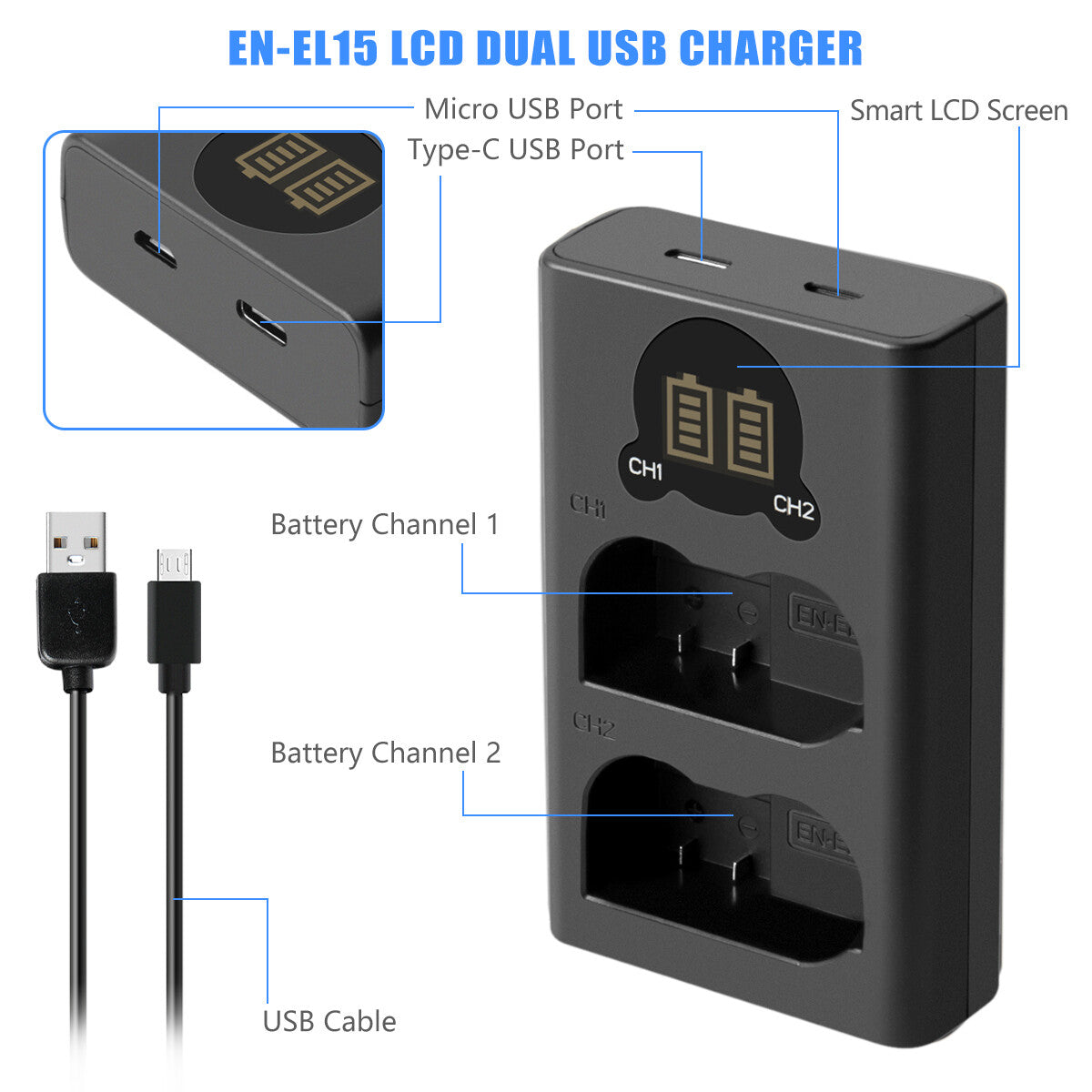 2x Batería EN-EL15 + cargador dual para Nikon EL15A D500, D600, D610, D750, D850, D800E