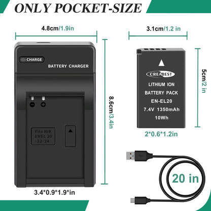 2x batería 1350mAh EN-EL20 EN-EL20a para Nikon Coolpix P950 P1000 J1 J2 + cargador