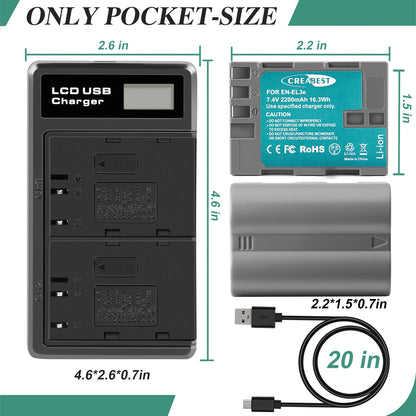 2X 2.2Ah EN-EL3E Battery +Dual Charger For Nikon D70 D70S D100 D50 D90 D700 D300