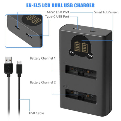 2x batería EN-EL5 1600mAh + cargador dual para Nikon Coolpix P520 P100 P510