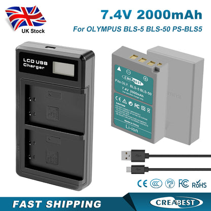 2x BLS-5 BLS-50 PS-BLS5 2000mAh Batería para Cámara + Cargador Dual para Olympus PEN