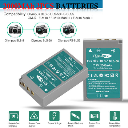 2x BLS-5 BLS-50 PS-BLS5 2000mAh Batería para Cámara + Cargador Dual para Olympus PEN