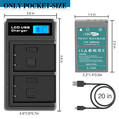 2x BLS-5 BLS-50 PS-BLS5 2000mAh Batería para Cámara + Cargador Dual para Olympus PEN