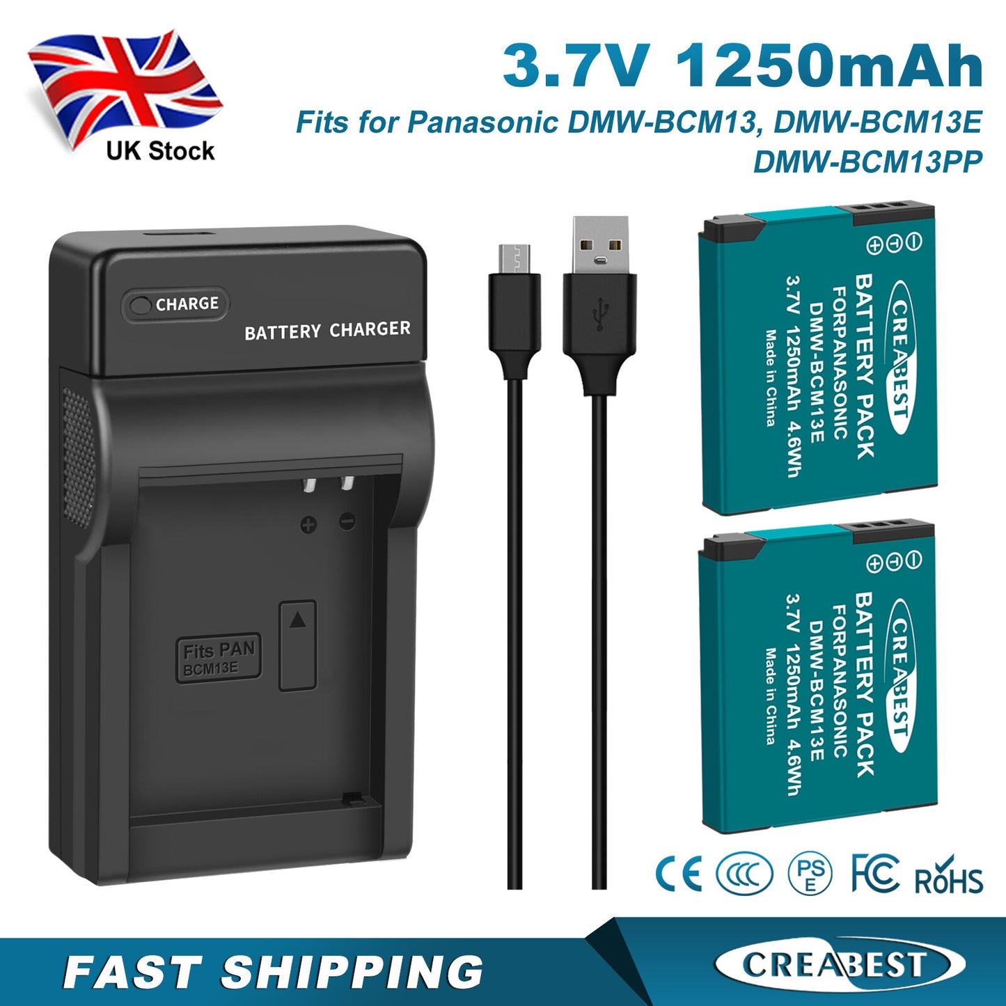 2Pcs DMW-BCM13 1250mAh Cargador De Batería Para Panasonic Lumix DMC-TZ40S ZS50 ZS30W