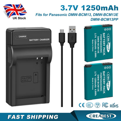 2Pcs DMW-BCM13 1250mAh Cargador De Batería Para Panasonic Lumix DMC-TZ40S ZS50 ZS30W