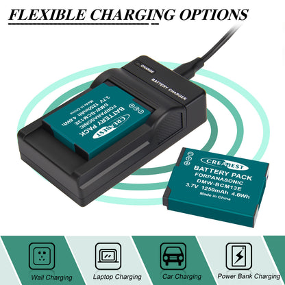 2Pcs DMW-BCM13 1250mAh Cargador De Batería Para Panasonic Lumix DMC-TZ40S ZS50 ZS30W
