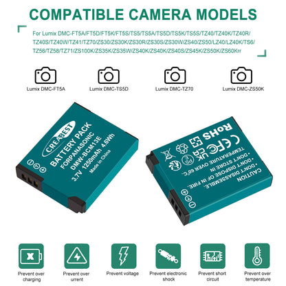 2Pcs DMW-BCM13 1250mAh Cargador De Batería Para Panasonic Lumix DMC-TZ40S ZS50 ZS30W