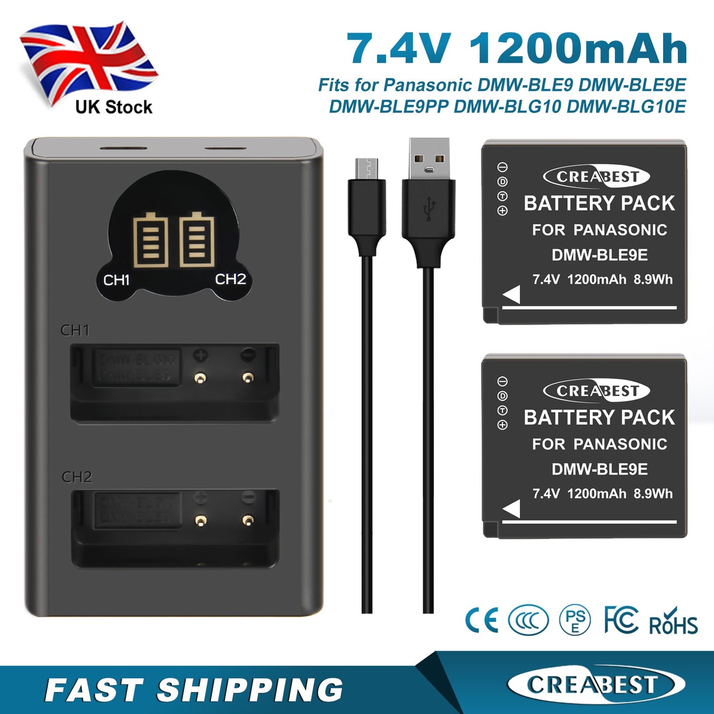 2Pcs Cargador De Batería Para Panasonic Lumix GF5 GX7 DMC- GF3 DC-G110 GX85