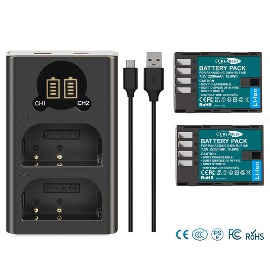 2x Batería DMW-BLF19 y cargador LCD para Panasonic Lumix GH3 GH4 GH5 GH5M2 GH5S G9
