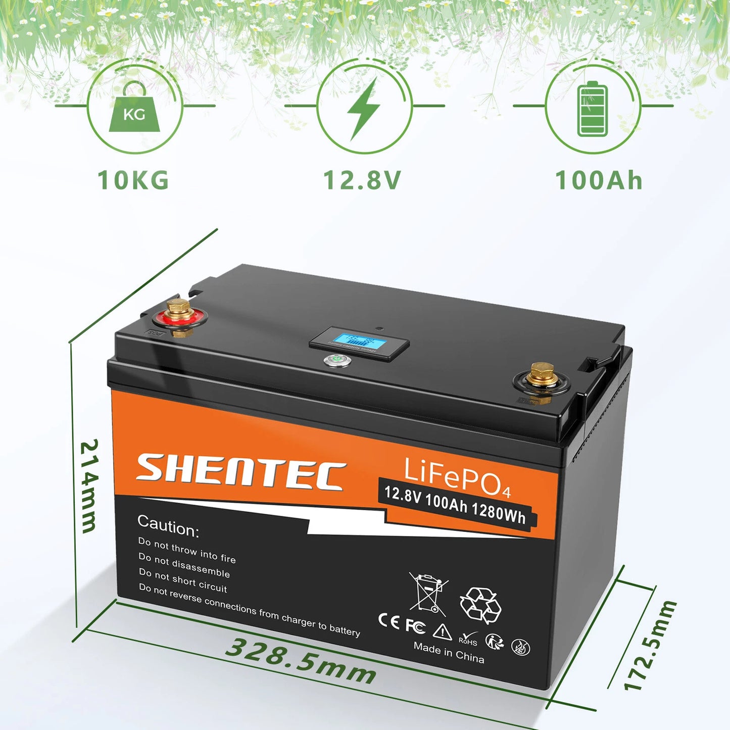 SHENTEC 12 V 100 Ah LiFePO4 Batería con Pantalla LED y BMS Incorporado de 100 A para Energía de Respaldo
