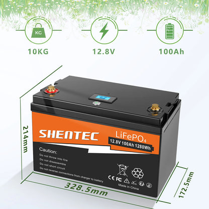 SHENTEC 12 V 100 Ah LiFePO4 Batería con Pantalla LED y BMS Incorporado de 100 A para Energía de Respaldo