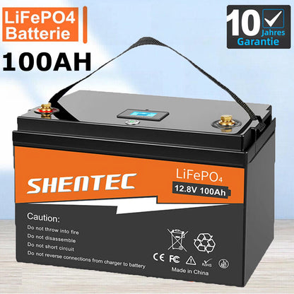 SHENTEC 12 V 100 Ah LiFePO4 Batería con Pantalla LED y BMS Incorporado de 100 A para Energía de Respaldo