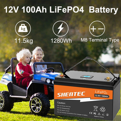 SHENTEC 12 V 100 Ah LiFePO4 Batería con Pantalla LED y BMS Incorporado de 100 A para Energía de Respaldo