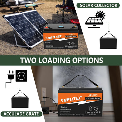 SHENTEC 12 V 100 Ah LiFePO4 Batería con Pantalla LED y BMS Incorporado de 100 A para Energía de Respaldo