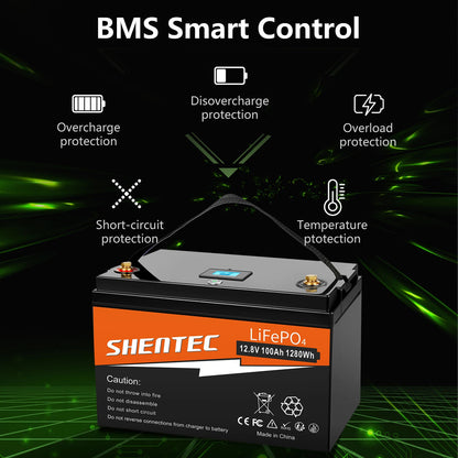 SHENTEC 12 V 100 Ah LiFePO4 Batería con Pantalla LED y BMS Incorporado de 100 A para Energía de Respaldo