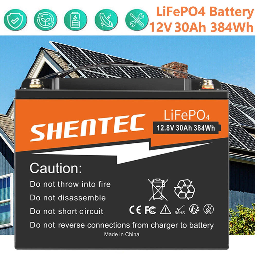 SHENTEC Batería de Litio LiFePO4 12.8V 30AH para Hogar, RV, Barco y Energía de Emergencia