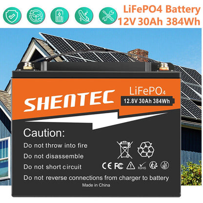 SHENTEC Batería de Litio LiFePO4 12.8V 30AH para Hogar, RV, Barco y Energía de Emergencia