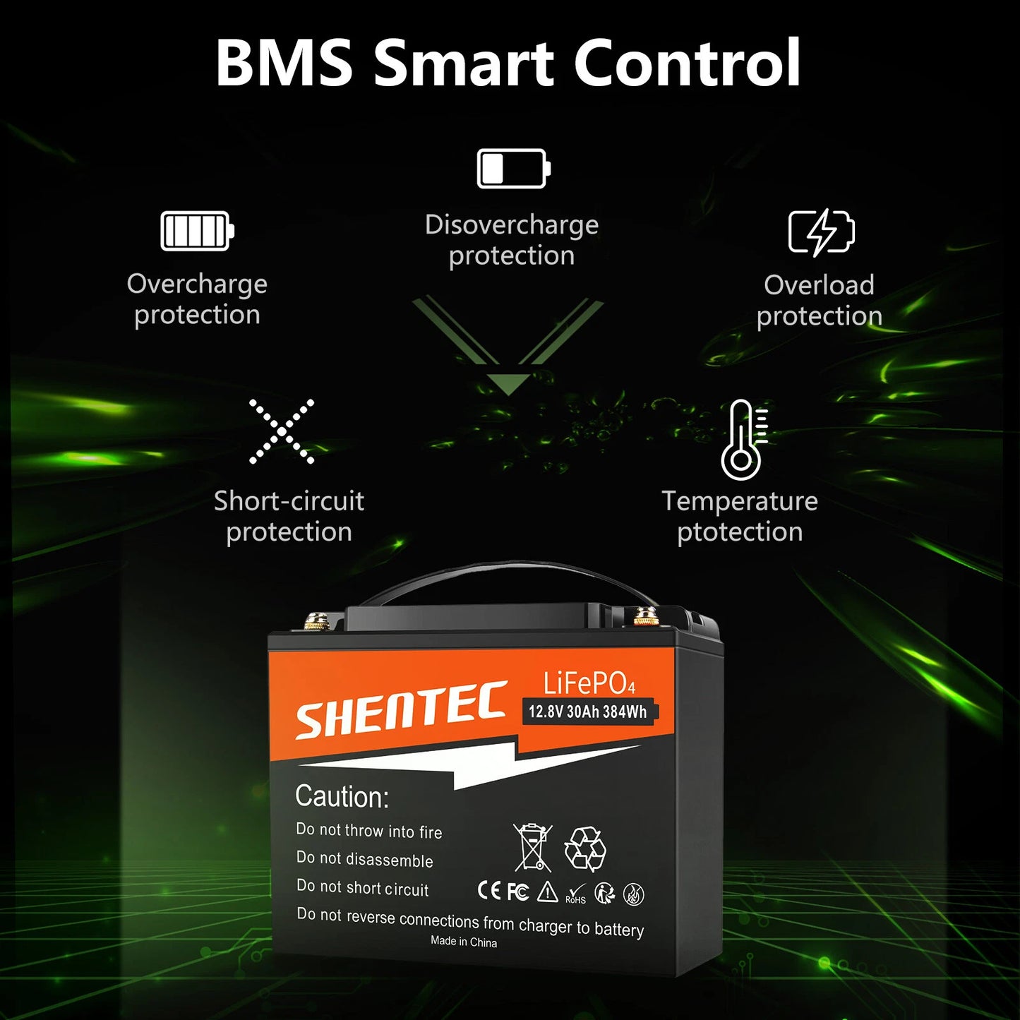 SHENTEC Batería de Litio LiFePO4 12.8V 30AH para Hogar, RV, Barco y Energía de Emergencia