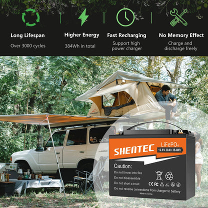 SHENTEC Batería de Litio LiFePO4 12.8V 30AH para Hogar, RV, Barco y Energía de Emergencia