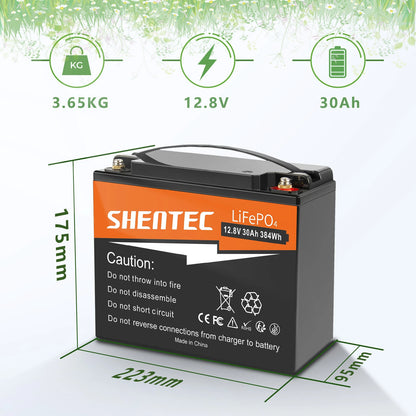 SHENTEC Batería de Litio LiFePO4 12.8V 30AH para Hogar, RV, Barco y Energía de Emergencia