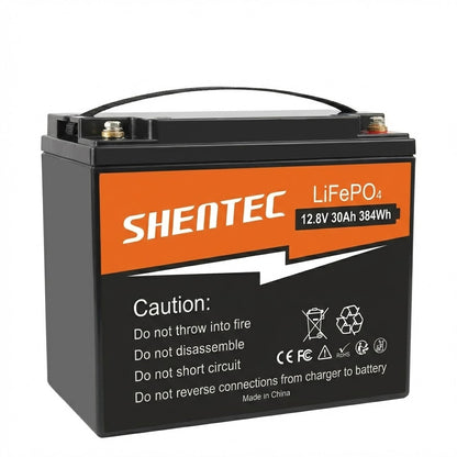 SHENTEC Batería de Litio LiFePO4 12.8V 30AH para Hogar, RV, Barco y Energía de Emergencia