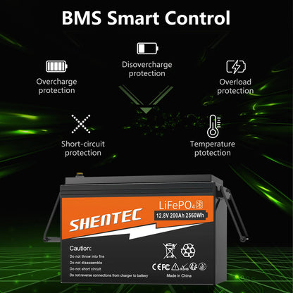 SHENTEC 12V 200Ah Batería de Litio LiFePO4 para Barco Camper 6000+ Ciclos