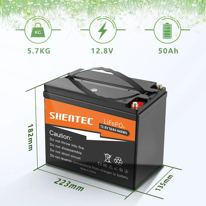 SHENTEC 12.8V 50Ah Batería de Litio LiFePO4 para Solar, Autocaravana, Barco, Caravana y Camping