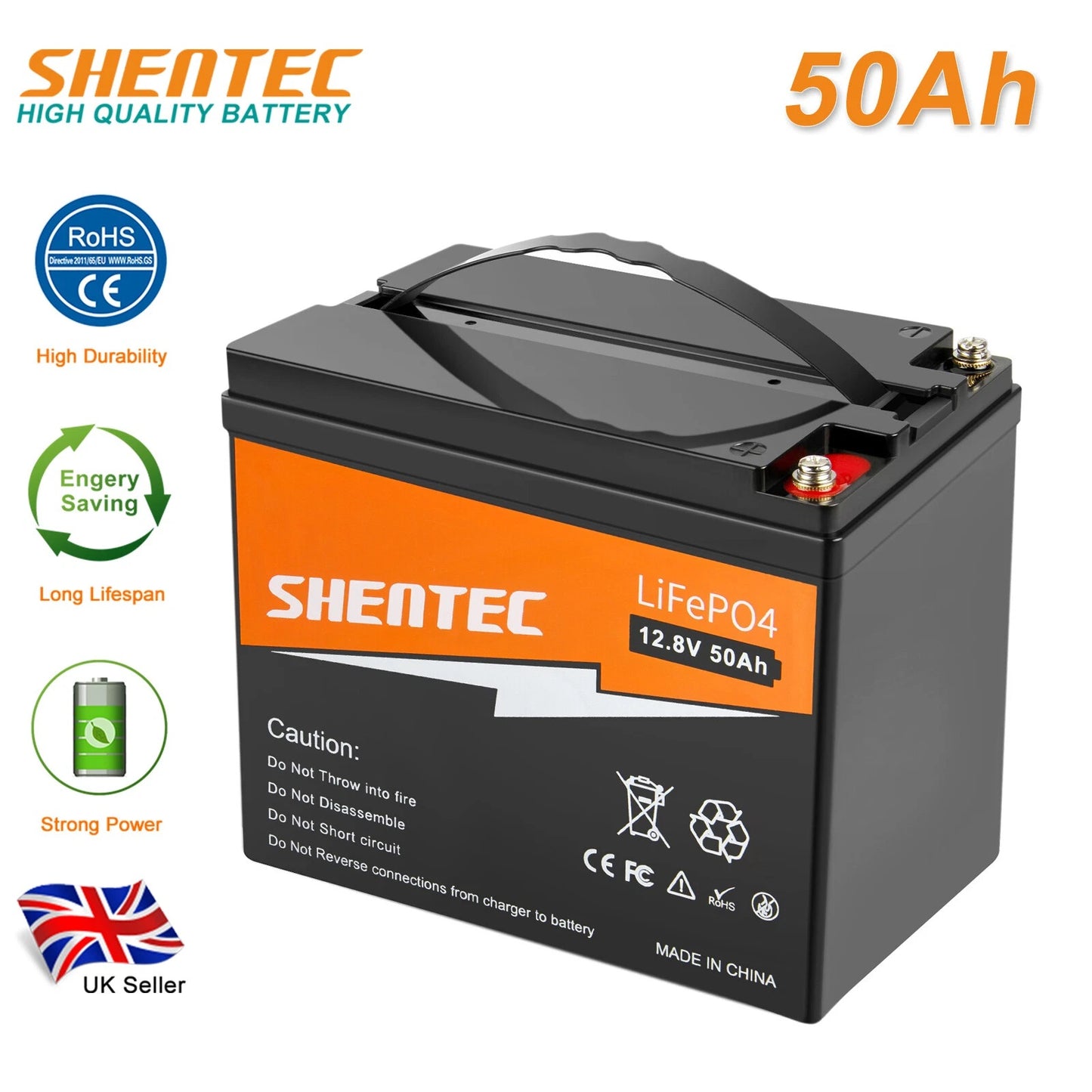 SHENTEC 12.8V 50Ah Batería de Litio LiFePO4 para Solar, Autocaravana, Barco, Caravana y Camping