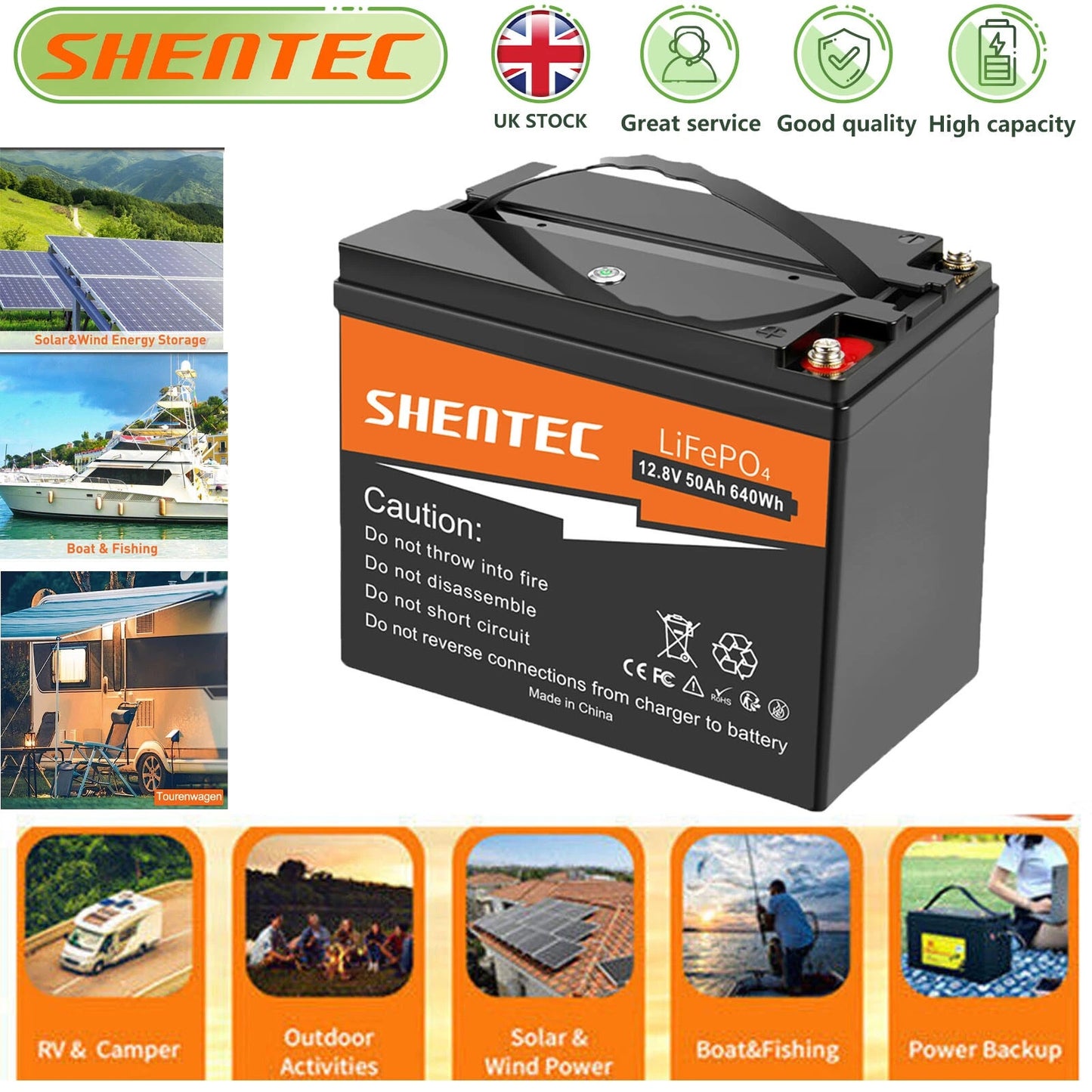 SHENTEC 12.8V 50Ah Batería de Litio LiFePO4 para Solar, Autocaravana, Barco, Caravana y Camping