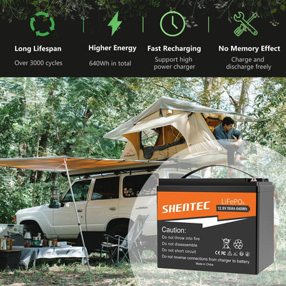 SHENTEC 12.8V 50Ah Batería de Litio LiFePO4 para Solar, Autocaravana, Barco, Caravana y Camping