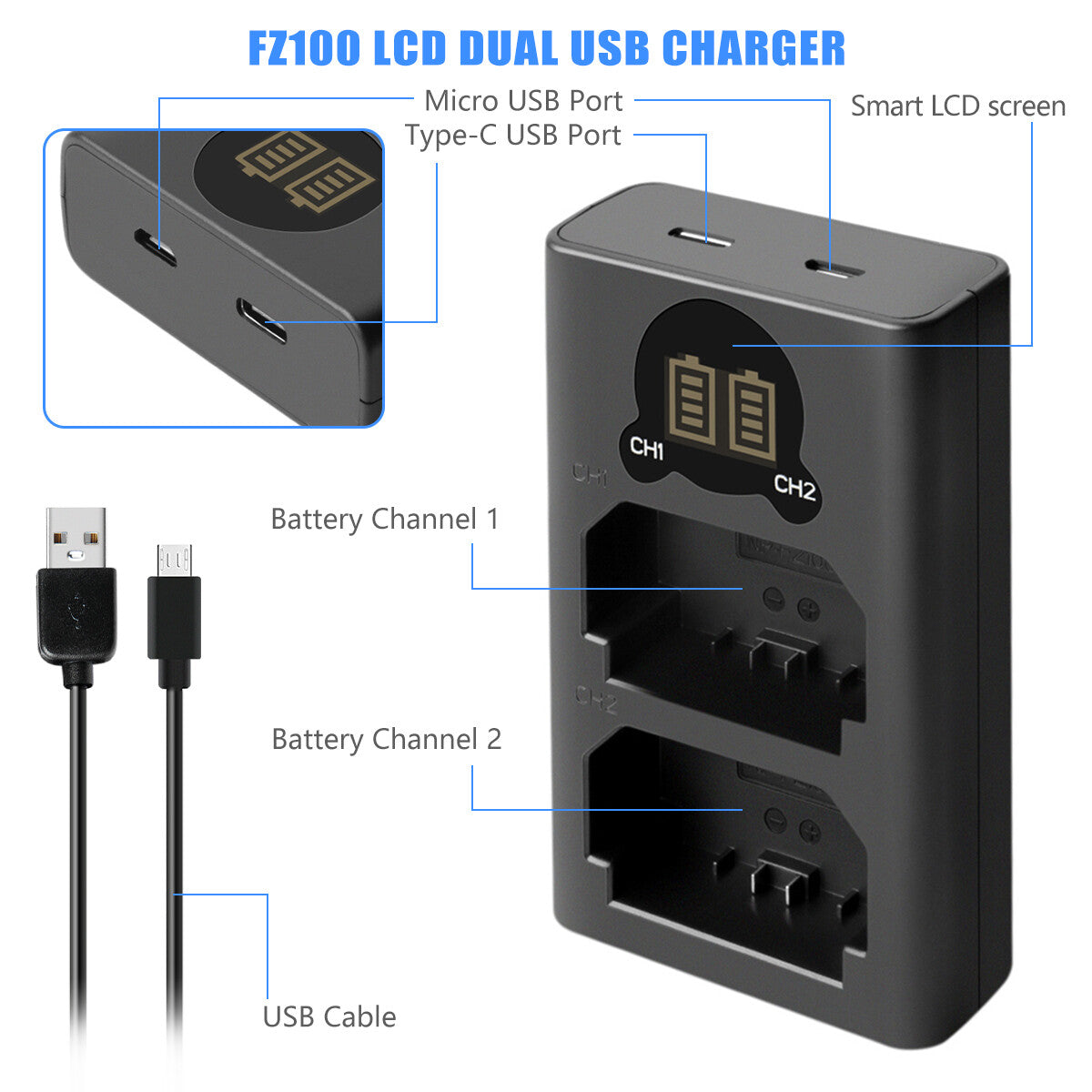 2x Batería NP-FZ100 Y Cargador Para Sony Alpha A6600 A9R A9S A7 III A7R III A7R IV