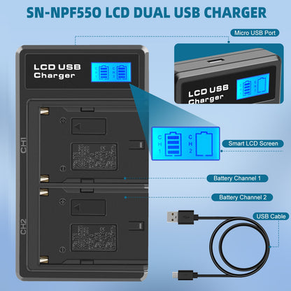 Pack de 2 Baterías 7.2V NP-F550 + Cargador Dual para SONY NP-F970 NP-F960 F990 F950 F530 F330