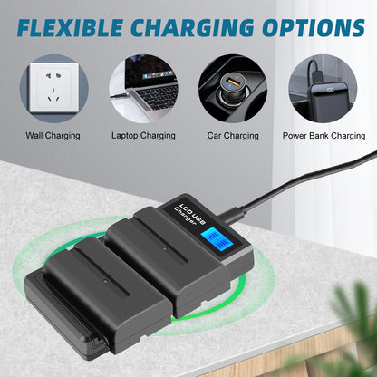 Pack de 2 Baterías 7.2V NP-F550 + Cargador Dual para SONY NP-F970 NP-F960 F990 F950 F530 F330