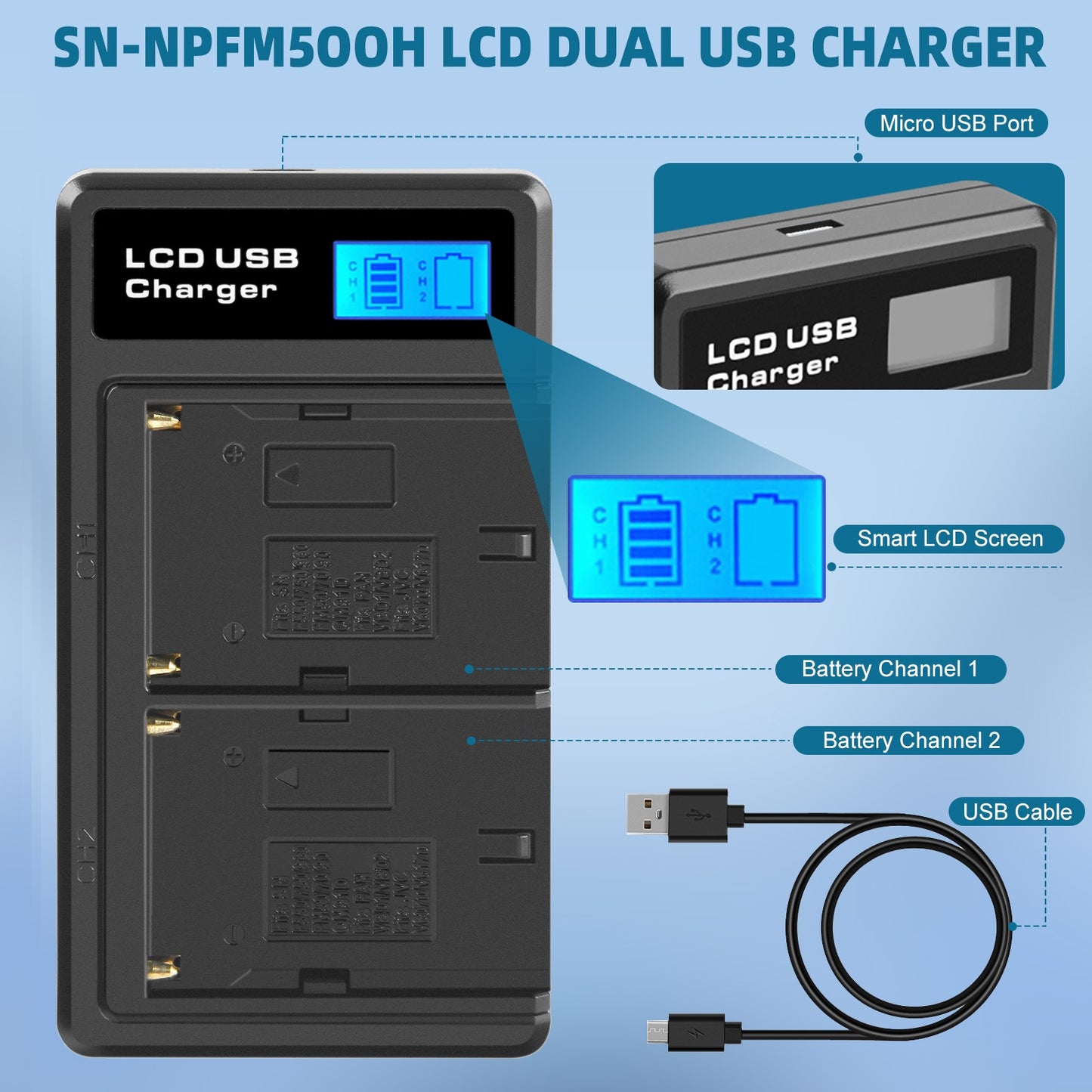 SHENTEC 2x Baterías NP-FM500H +Cargador Para Sony Alpha DSLR/SLT A57 A68 A58 A300K/N A100