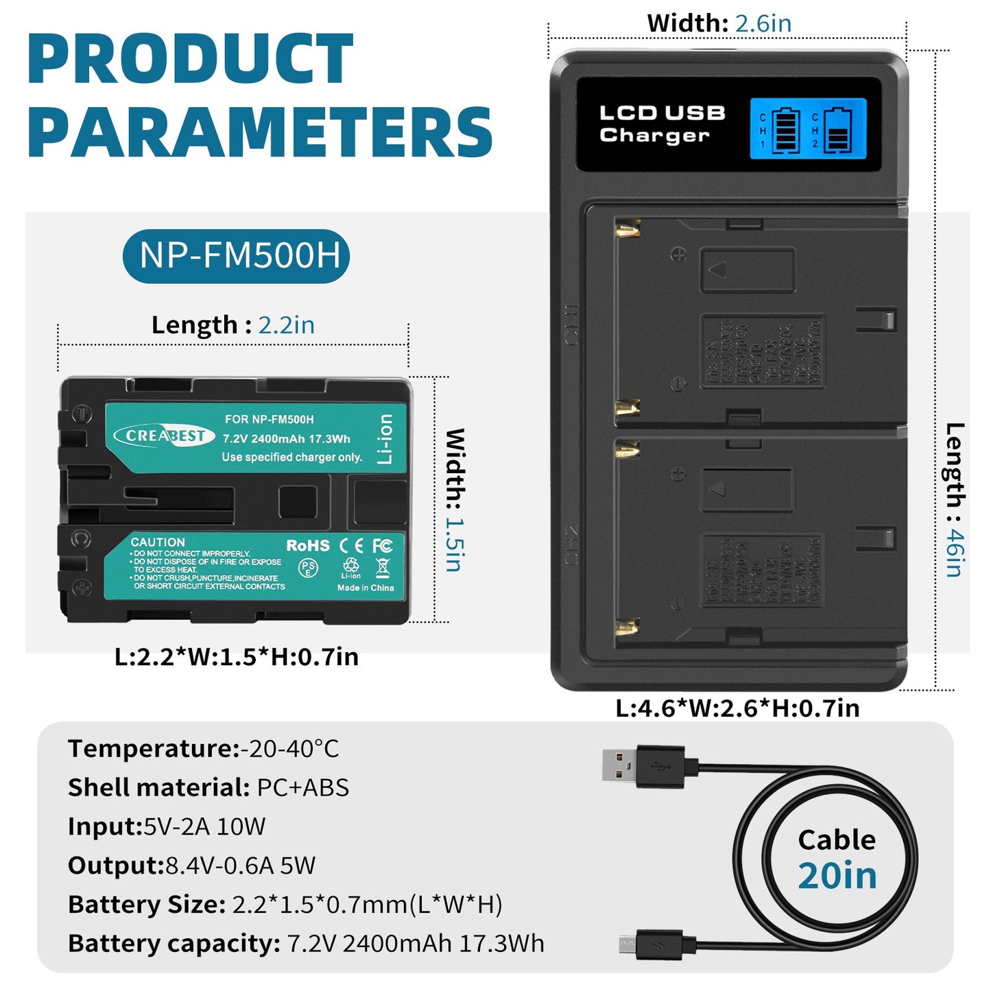 SHENTEC 2x Baterías NP-FM500H +Cargador Para Sony Alpha DSLR/SLT A57 A68 A58 A300K/N A100