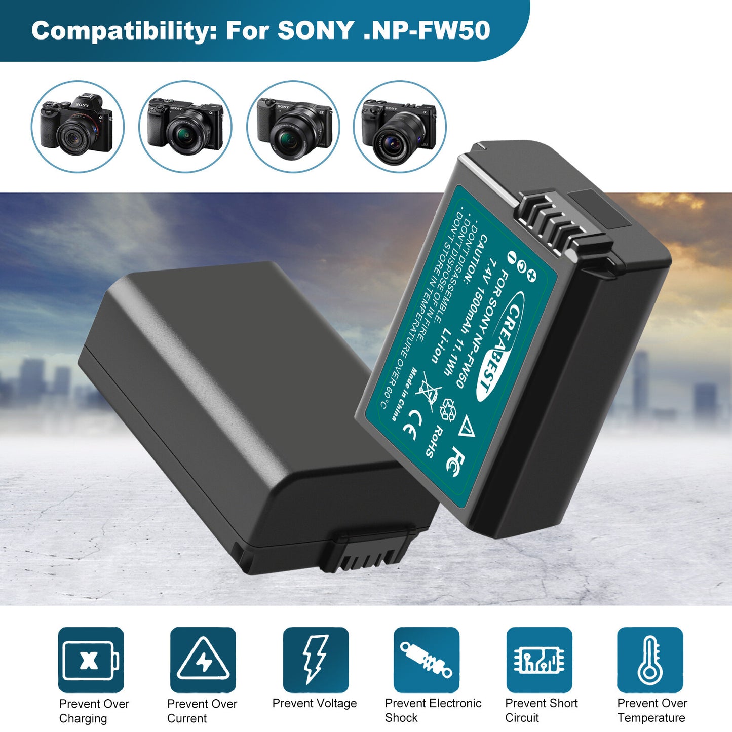 2X Batería NP-FW50 y Cargador Rápido para Sony A6500 A6000 A7R A7RII A7S A7II RX10