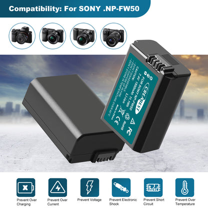 2X Batería NP-FW50 y Cargador Rápido para Sony A6500 A6000 A7R A7RII A7S A7II RX10