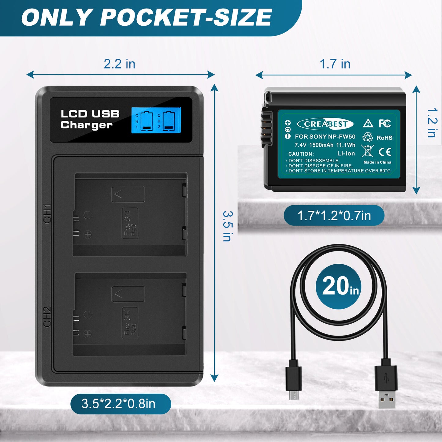 2X Batería NP-FW50 y Cargador Rápido para Sony A6500 A6000 A7R A7RII A7S A7II RX10