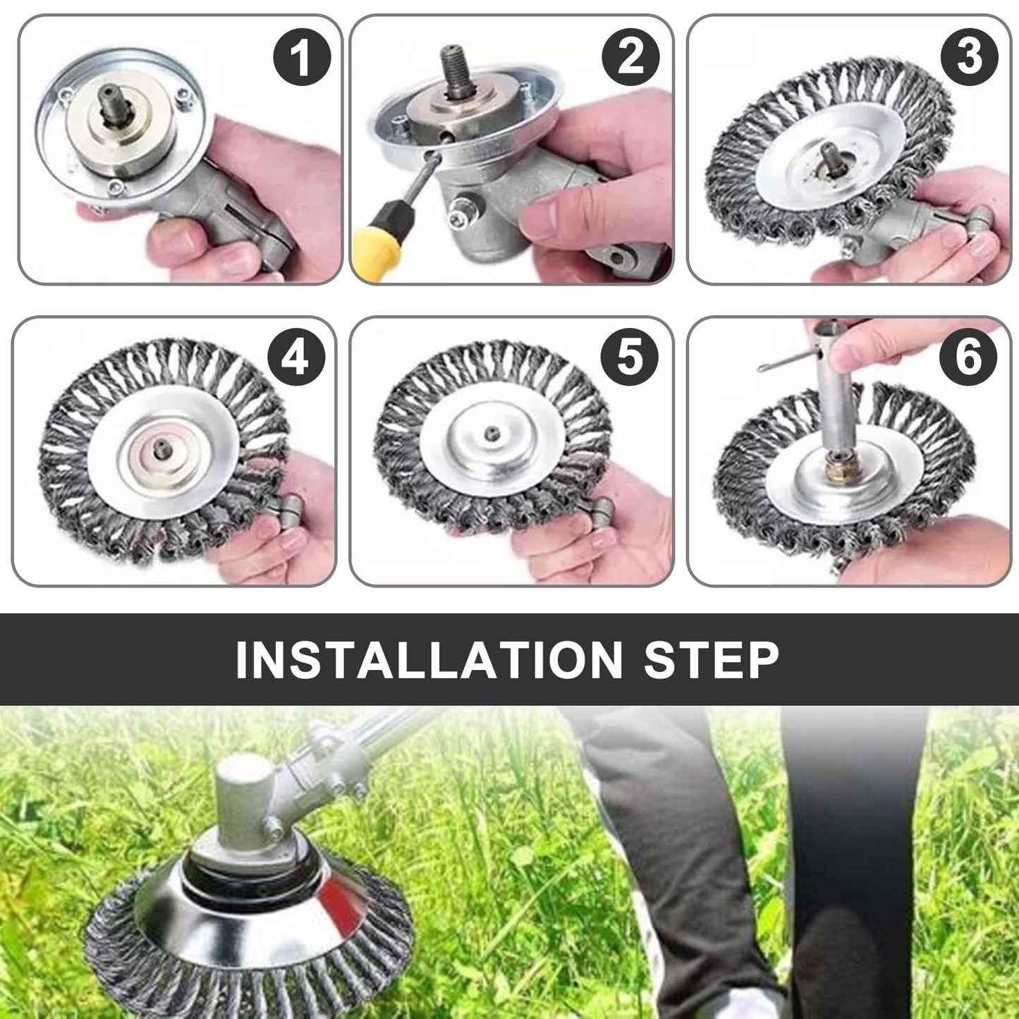 txt
Cabezal desbrozador de alambre de acero de 6" 8" 10" con cepillo de rueda giratoria y kit adaptador