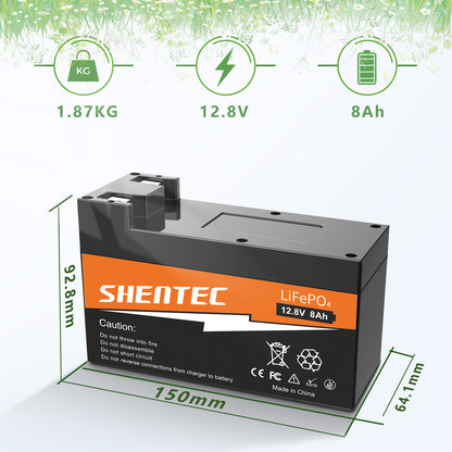 Batería LiFePO4 SHENTEC de 8Ah y 12.8V con BMS para barco, autocaravana, energía solar, caravana, camper y golf