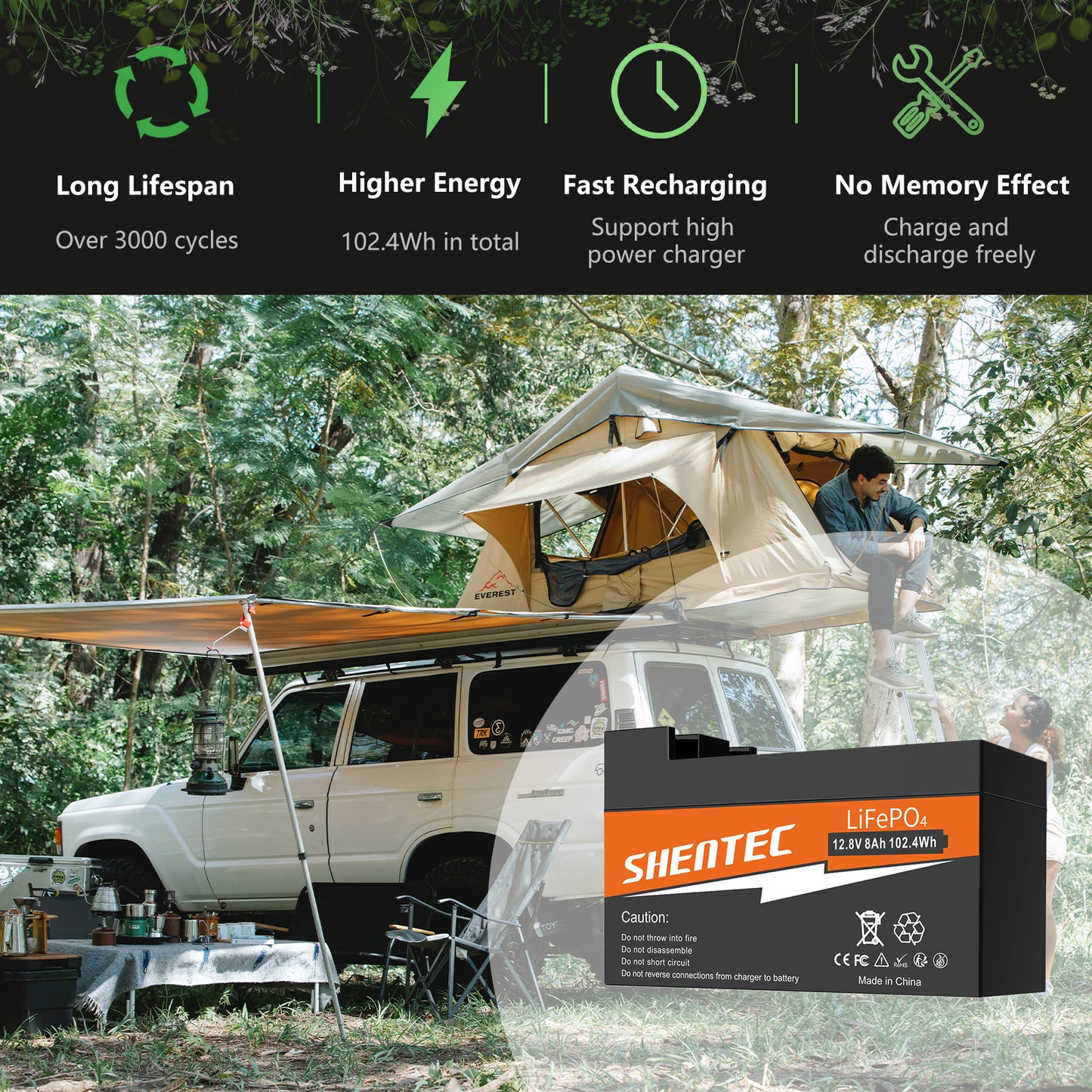 Batería LiFePO4 SHENTEC de 8Ah y 12.8V con BMS para barco, autocaravana, energía solar, caravana, camper y golf