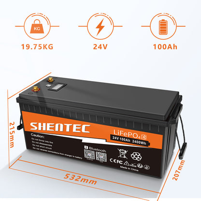 SHENTEC Batería LiFePO4 12/24V 100/150/200/300Ah con BMS para barco solar, sistema aislado y autocaravana