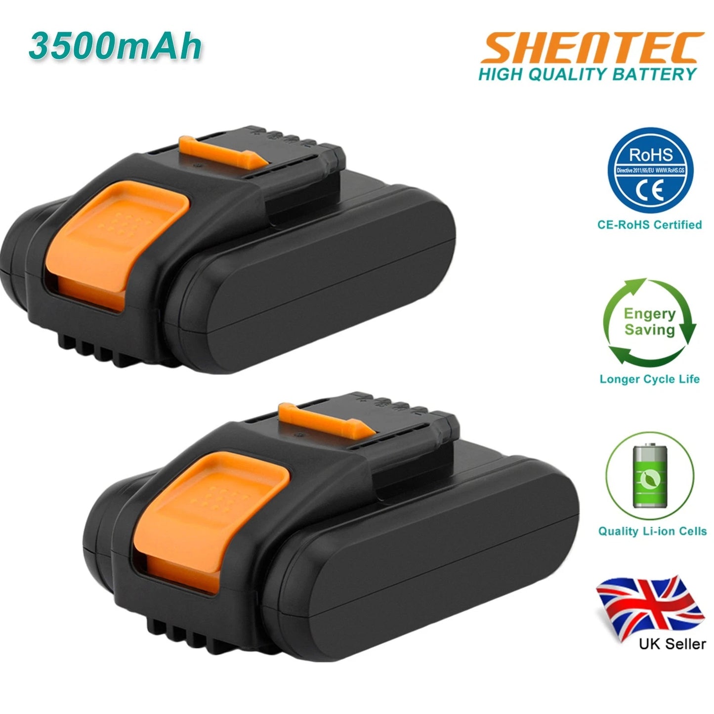 SHENTEC Pack de 2 Baterías Li-ion 3500mAh 20V para Worx WA3551.1 WG169 WX372 WX166 WX372